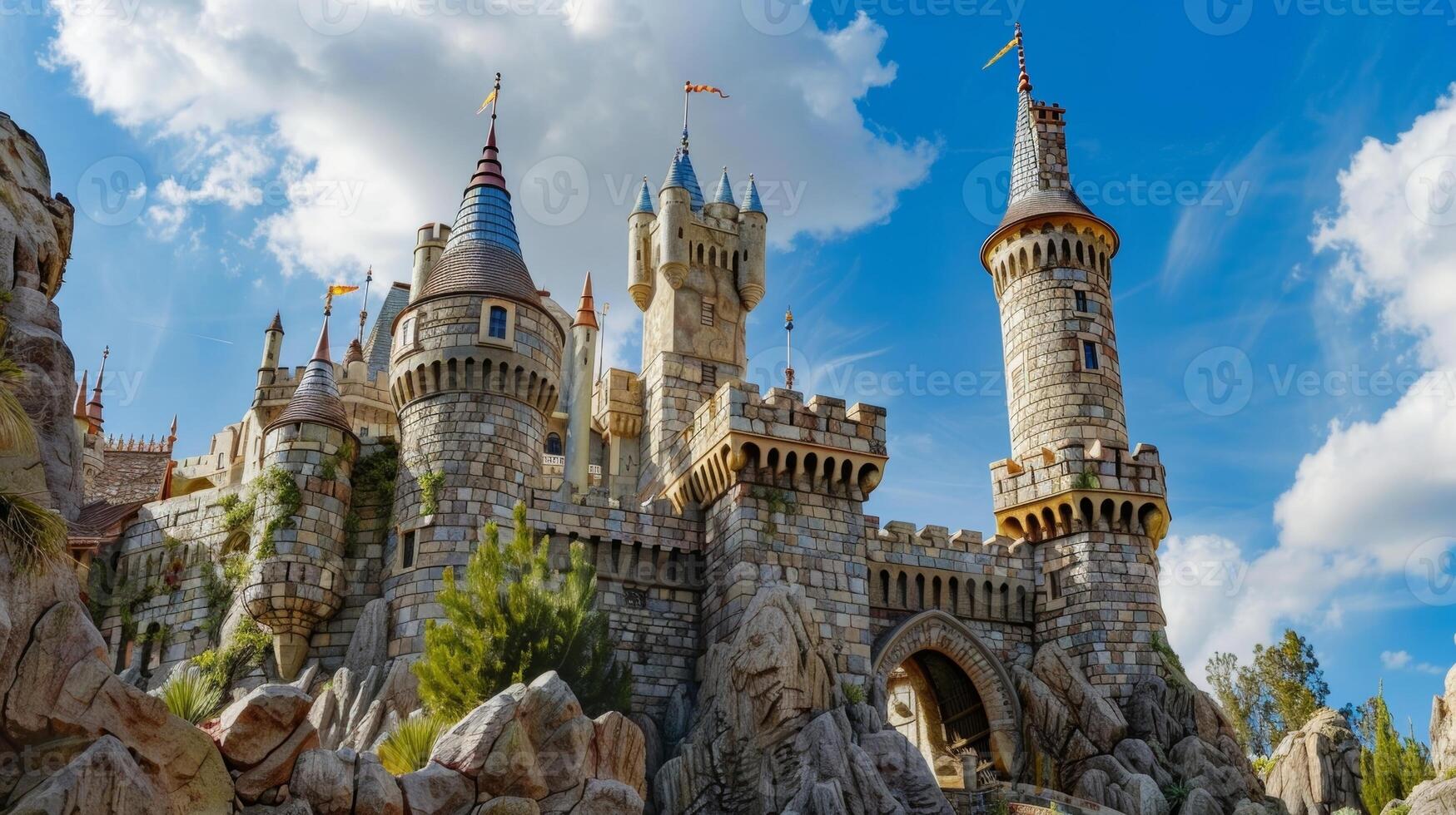A grand castle centuriesold and towering over the landscape now with a new addition of solar panels atop its stone turrets photo