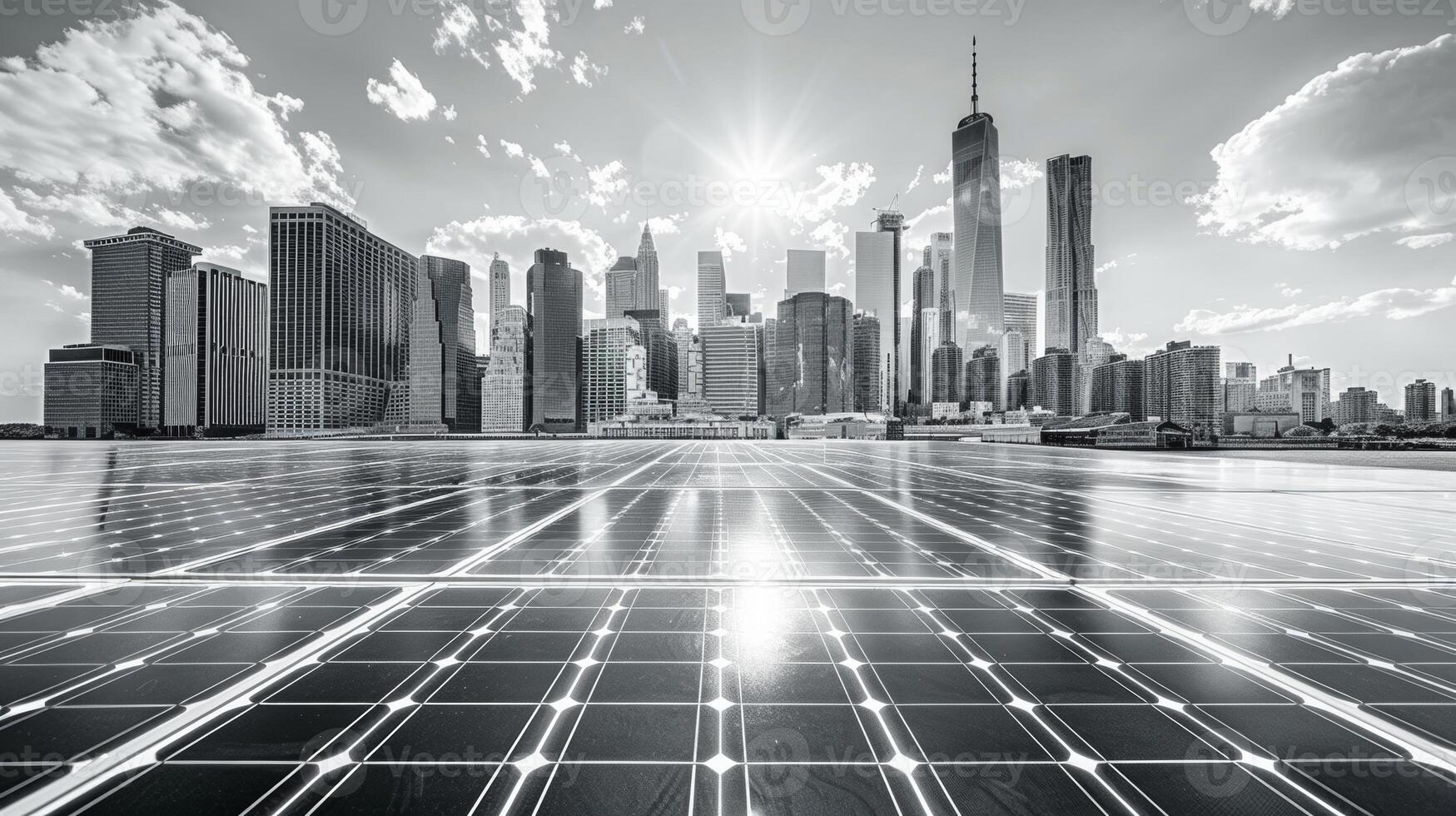 A striking black and white mural created using solar panels depicting a city skyline in a visually stunning and sustainable way photo