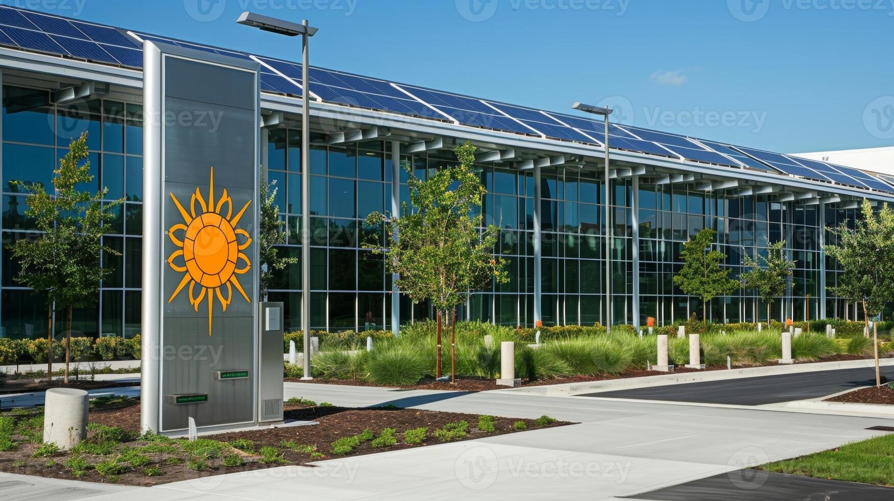 A sign at the entrance of the data center with the words Solar Powered and an image of a sun symbol representing its commitment to renewable energy photo