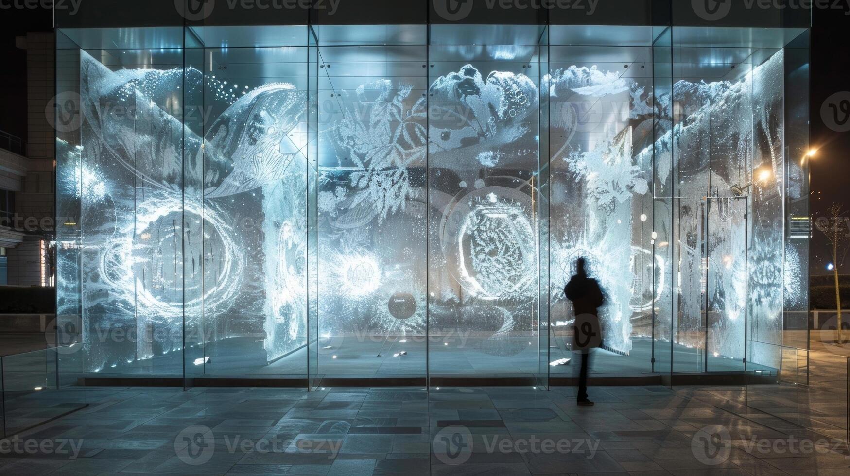 A multifaceted glass installation featuring intricate etchings of various celestial bodies utilizing embedded solar panels to power a glowing effect at night photo