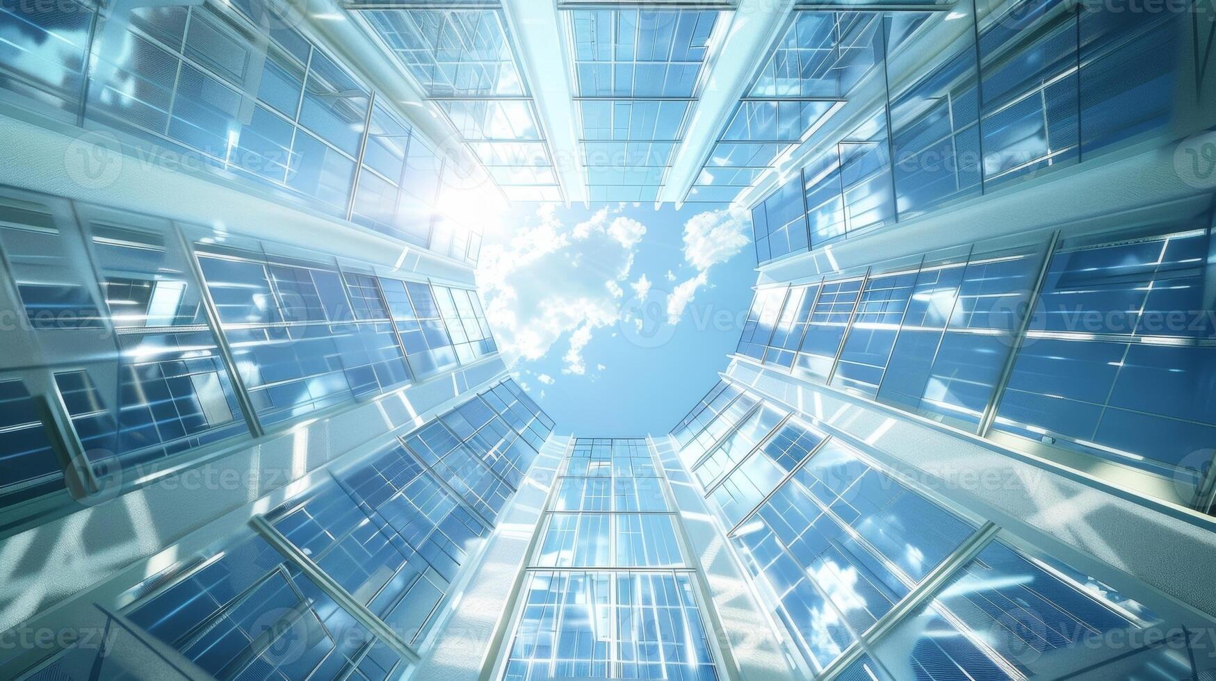 The interior of a skyscr with natural light streaming in through the large windows covered in solar panels photo