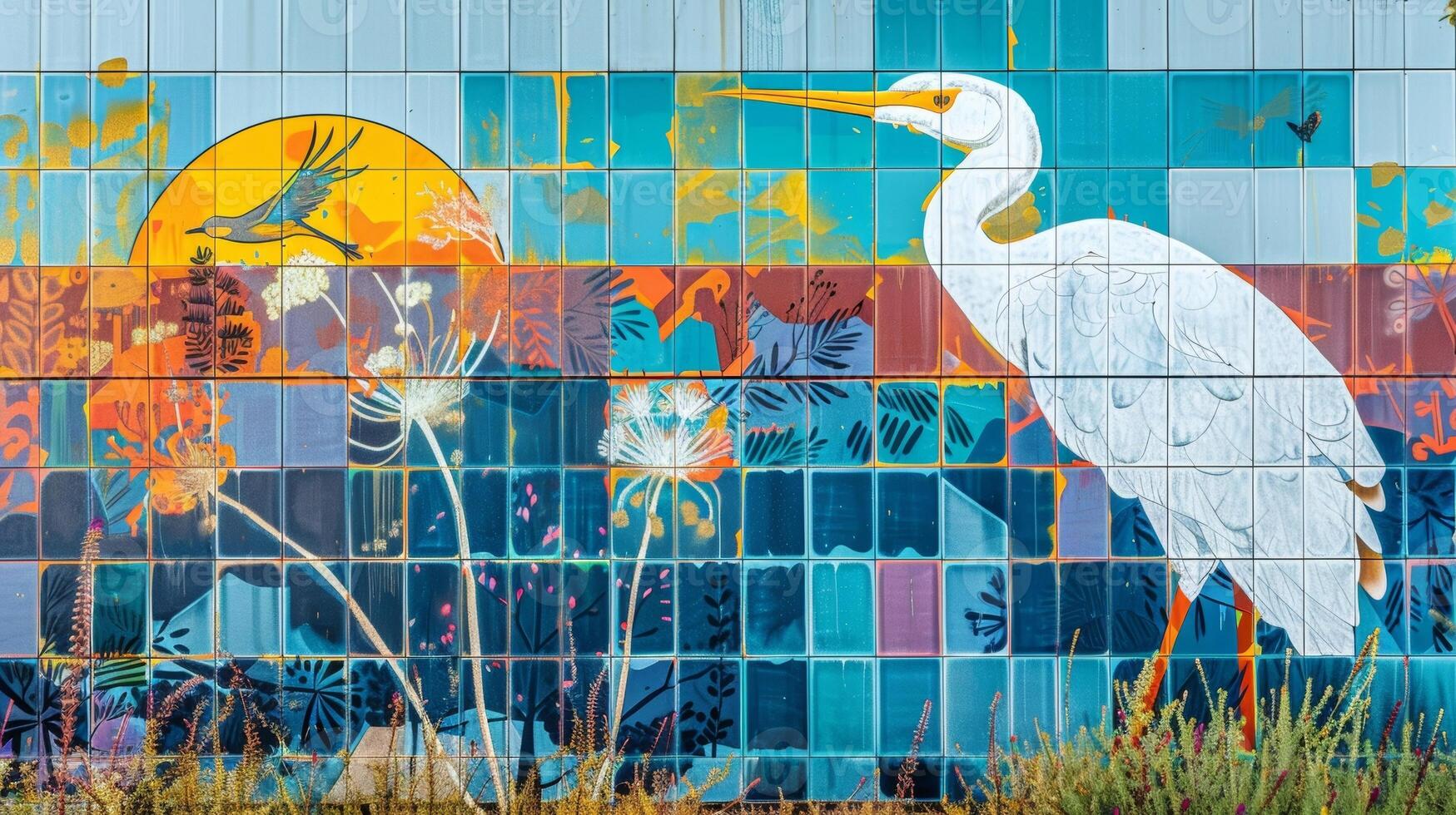 A colorful mural on the side of a building created using large solar panels as the canvas and capturing a vibrant scene of nature and wildlife photo