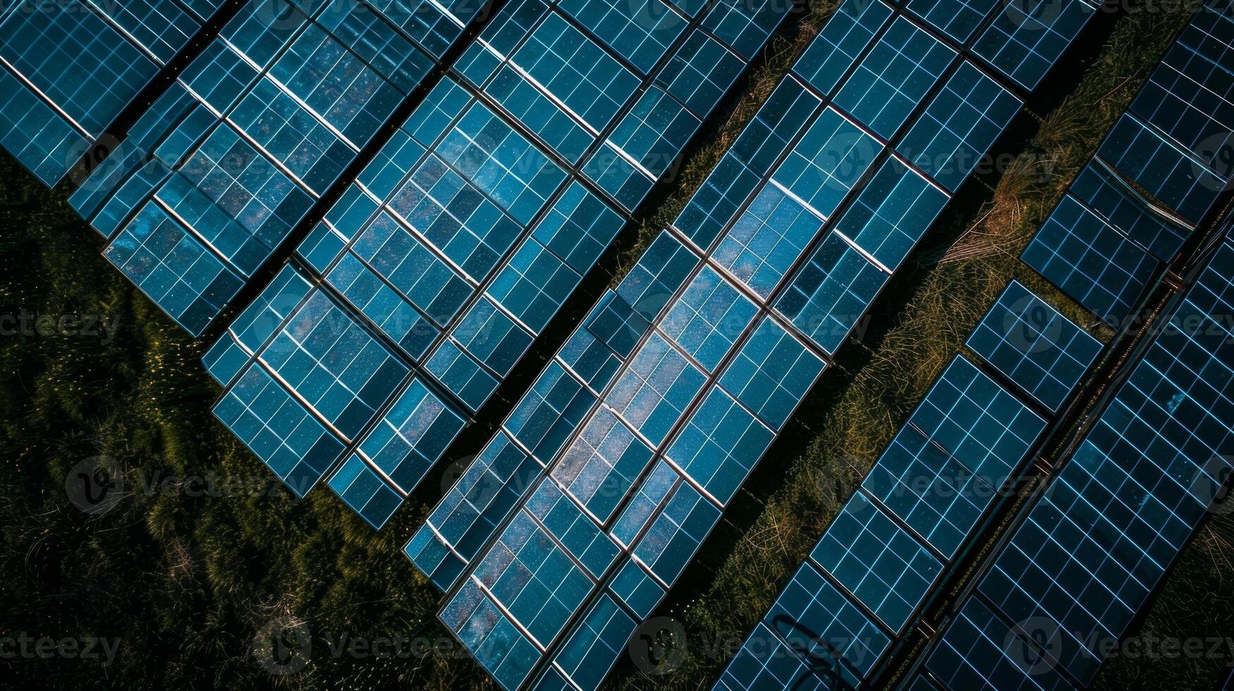 A closeup of the solar panels each piecemeal attached to a grid creating a beautiful pattern of blue and black photo