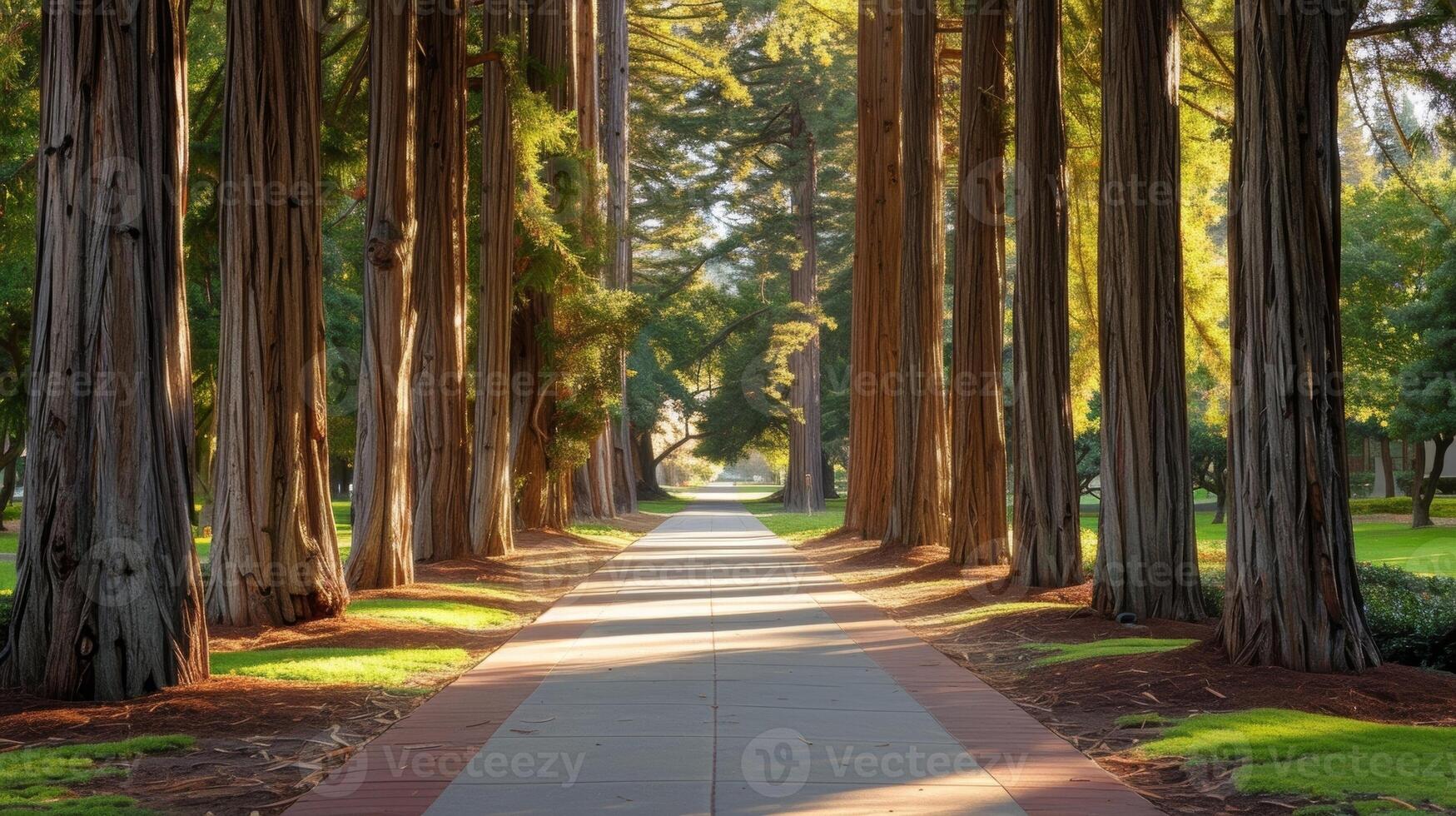 A sunsoaked path lined with towering trees each one equipped with solar technology photo