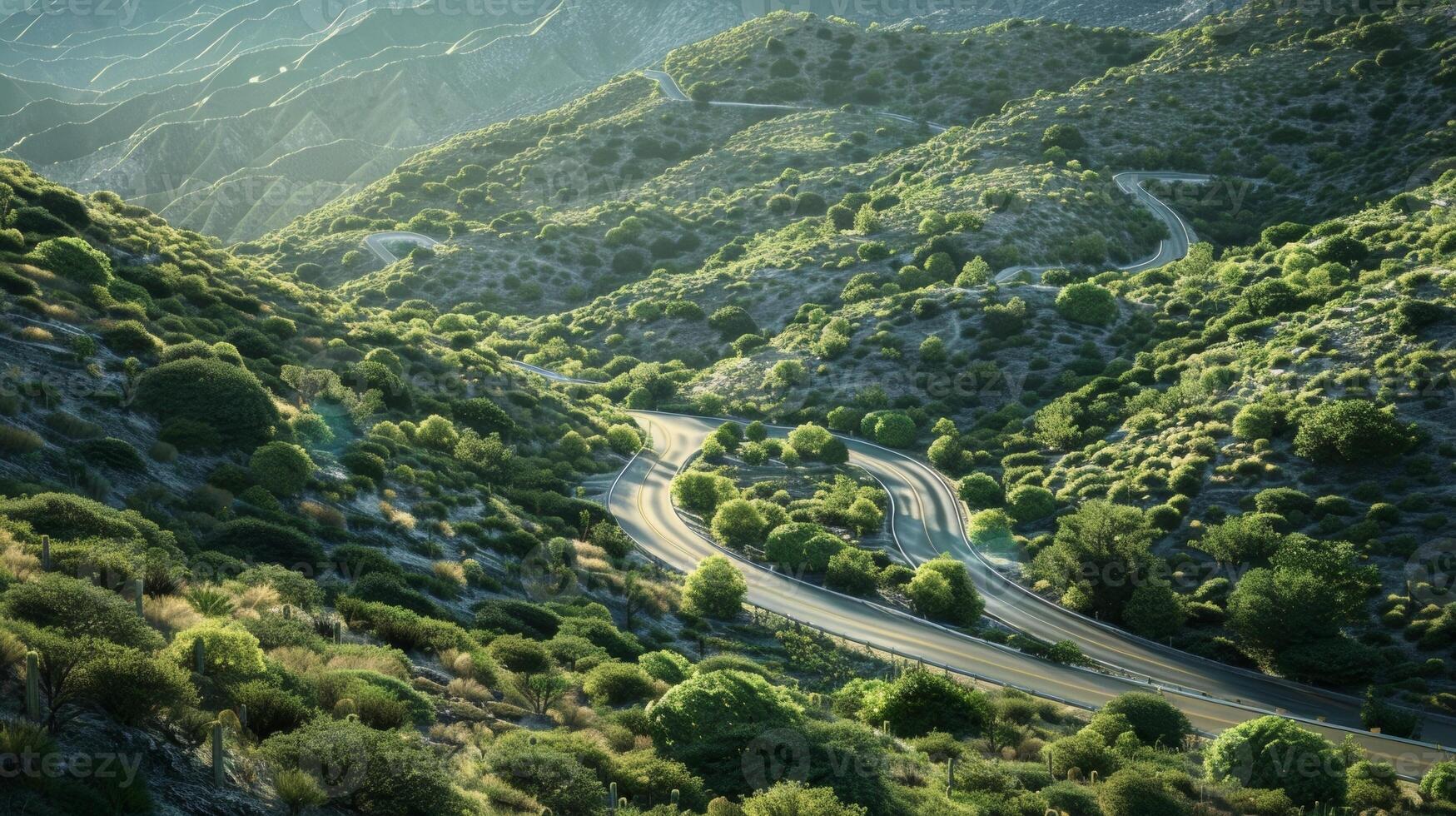A scenic drive through the mountains with the winding roads powered by solar roadways and blending seamlessly into the natural landscape photo