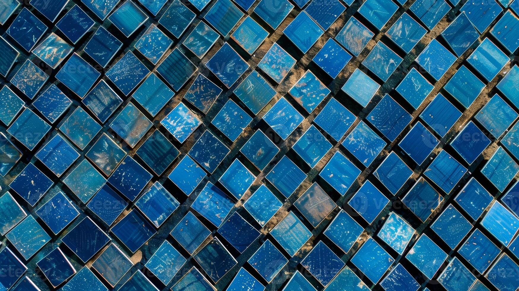 From above the solar panels resemble tiny squares of blue and silver almost resembling a pixelated image photo