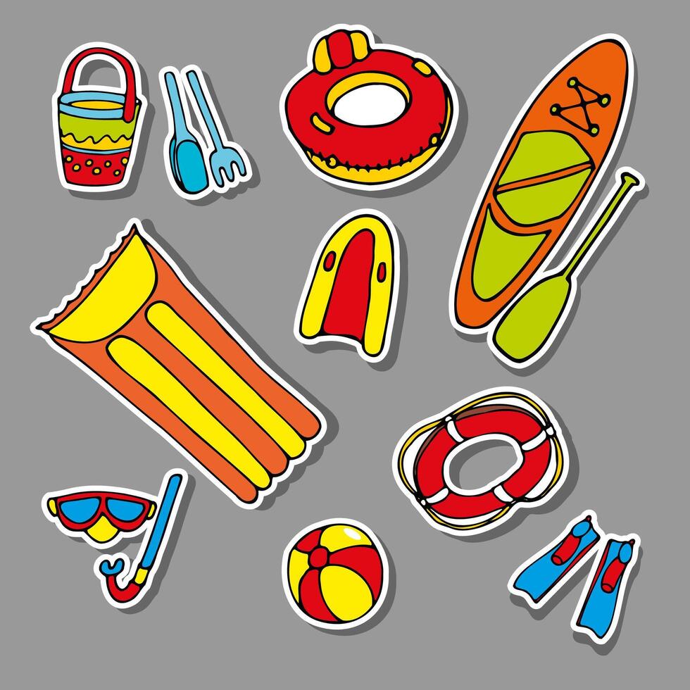 A set of swim aid stickers, hand-drawn in a cartoon style on a dark background. vector