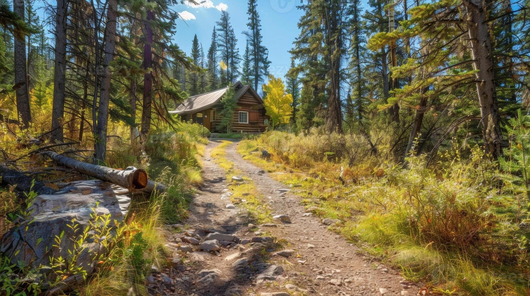 A hiking trail leading from the cabin showcasing the beauty of the surrounding wilderness and showcasing the remote location photo