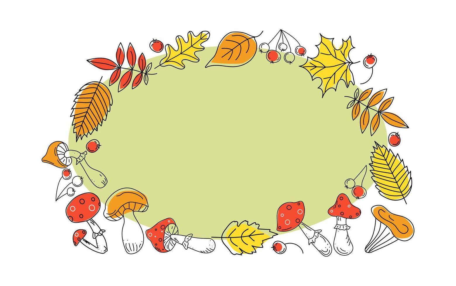Autumn frame, border leaves, mushrooms and berries. Fly agaric, rowan branch, maple leaf, doodle, drawings, sketch. Black and white illustration on color spots. Background white isolated. vector