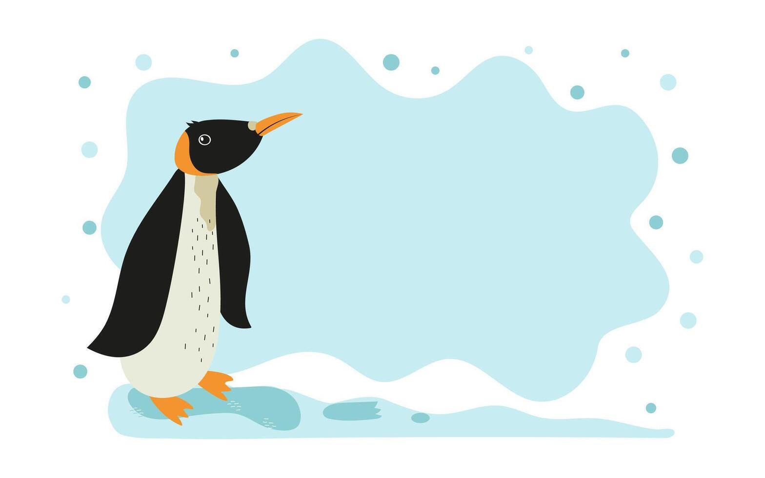Banner, postcard cute penguin. Cartoon animal of Antarctica, polar bird. World Penguin Day. Place for text. Background with snowflakes, snow. vector