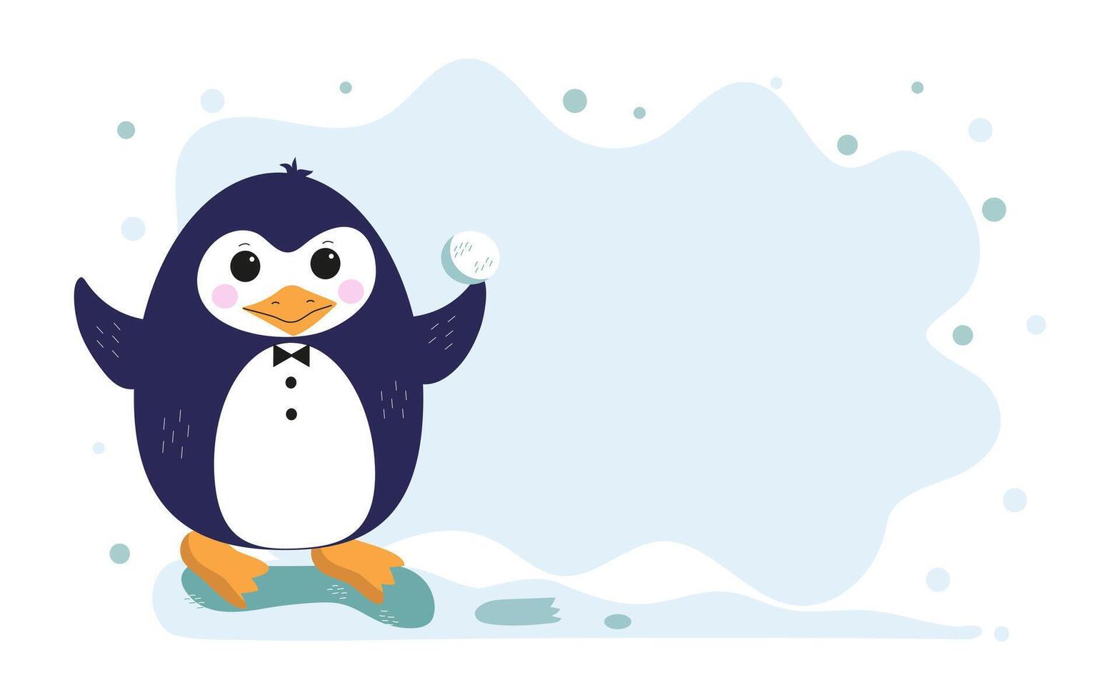 Banner, postcard cute little penguin. Cartoon animal of Antarctica, polar bird. Place for text. Background with snowflakes, snow. vector