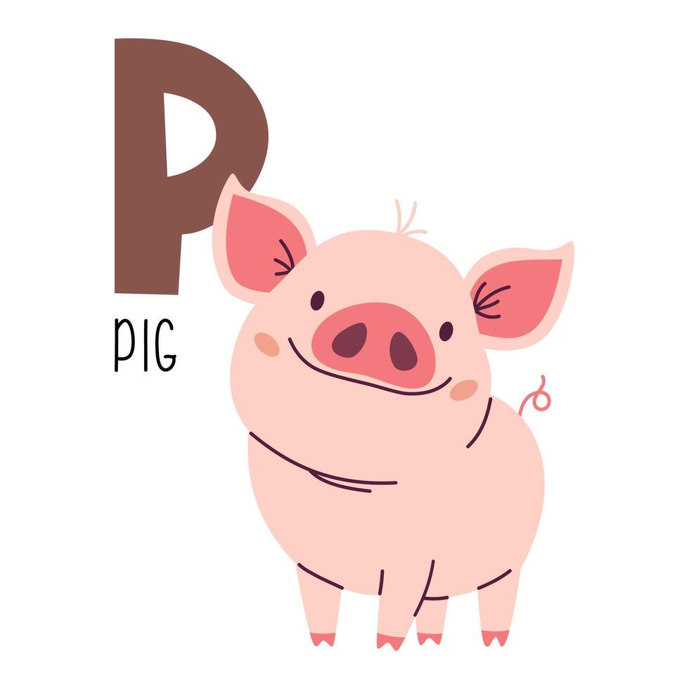Cute flat illustration. Cute pig and letter P. Animals and letters of alphabet vector