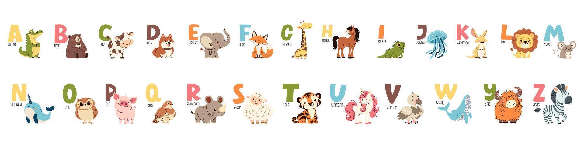 Set of flat illustrations and letters of the alphabet. Colorful alphabet and animals on the first letter. Children's style and white background vector