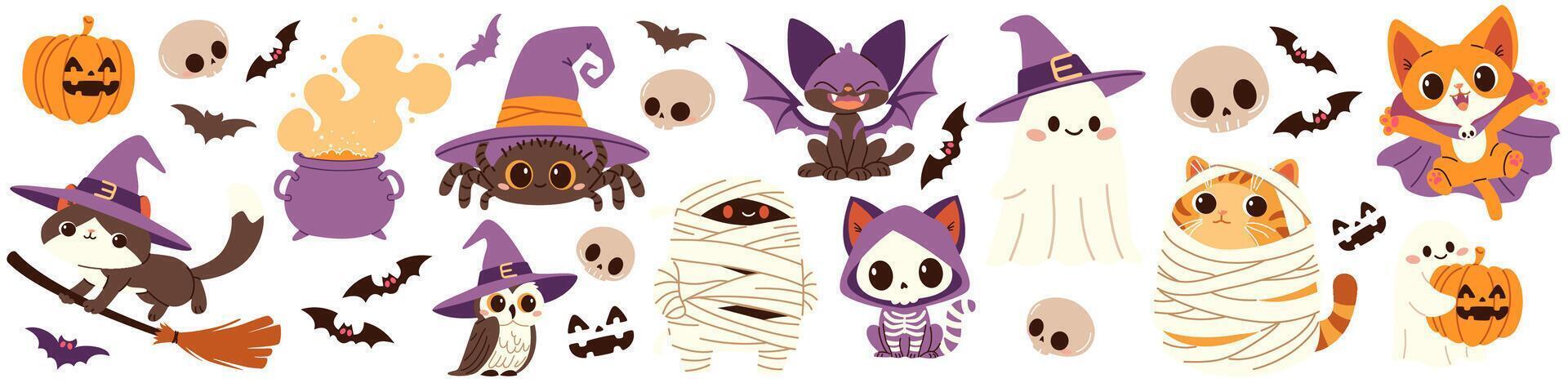 set of cute Halloween illustrations. Cats in different costumes mummy spider ghosts dracula witch owl bat skeletons pumpkin. vector