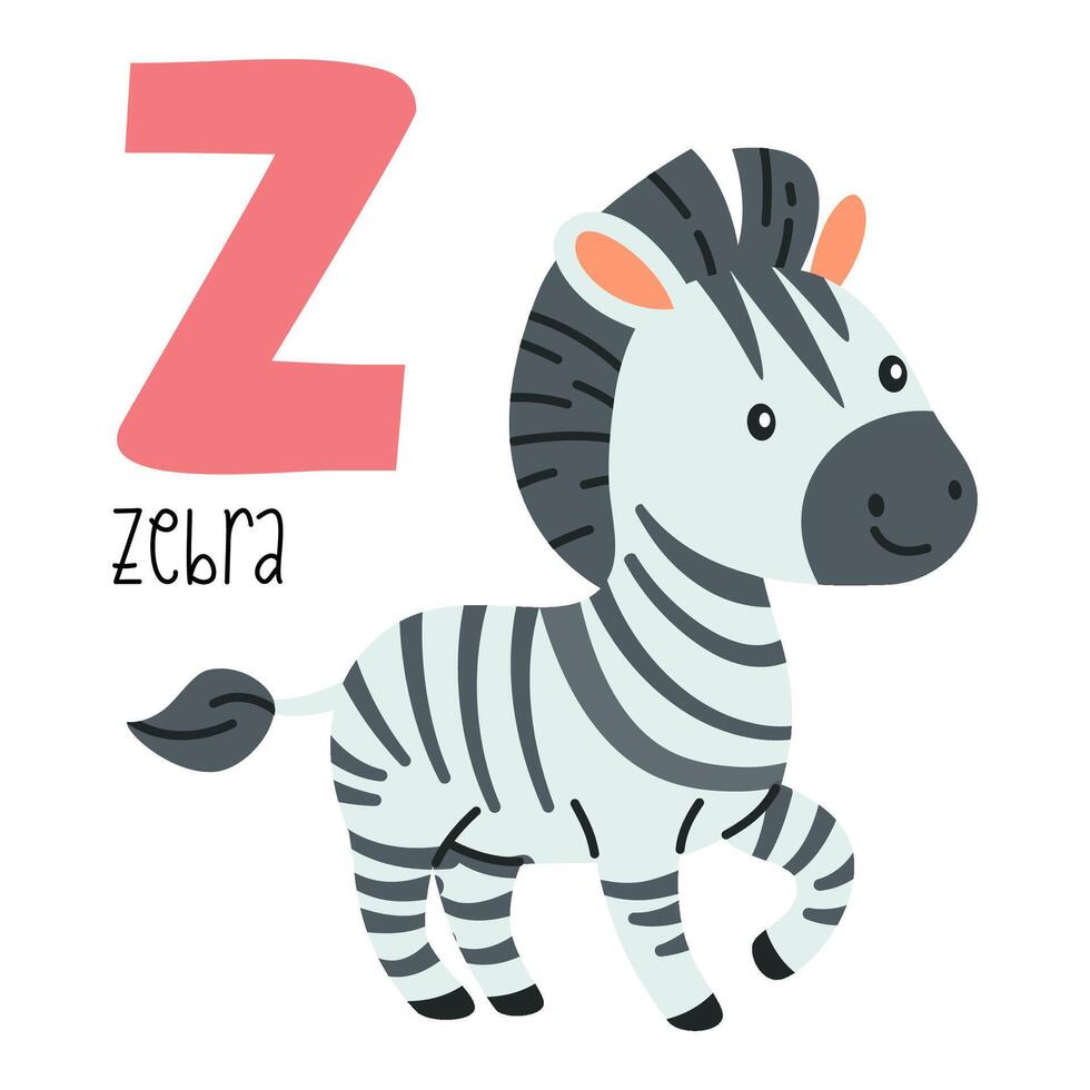 Cute flat illustration. Cute zebra and letter Z. Animals and letters of alphabet vector