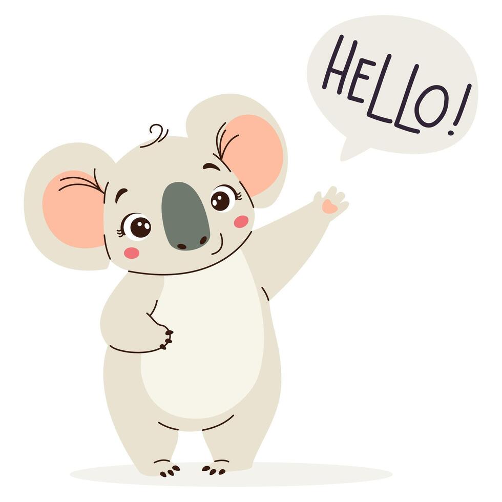 Flat illustration in children's style. Cute koala cub waving his paw on white background. Speech bubble and lettering hello. vector