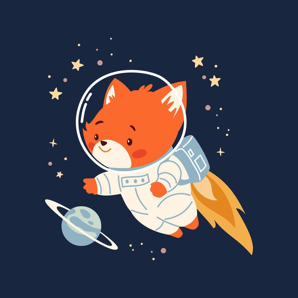 Flat illustration in a cute childish style. Cute fox flying in spacesuit in space among planets and stars vector