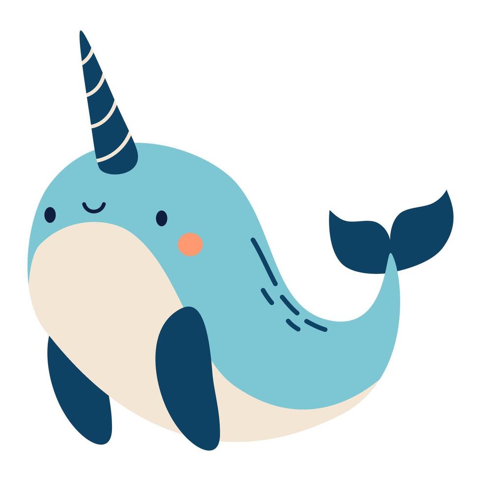 Cute narwhal on white background. Flat illustration in simple child style vector