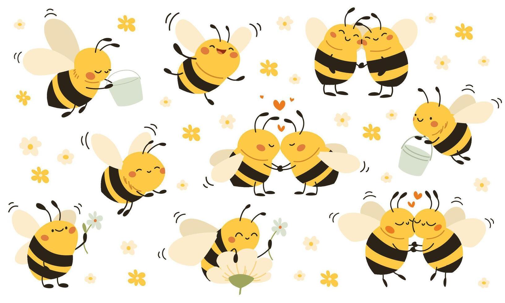 collection of cute children's illustrations. Cute bees collecting honey, hugging kissing and flying. vector