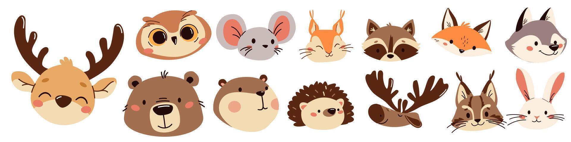 Set of flat illustrations. Forest animals, muzzles and faces bear mouse hare elk deer hedgehog fox squirrel raccoon beaver lynx owl vector