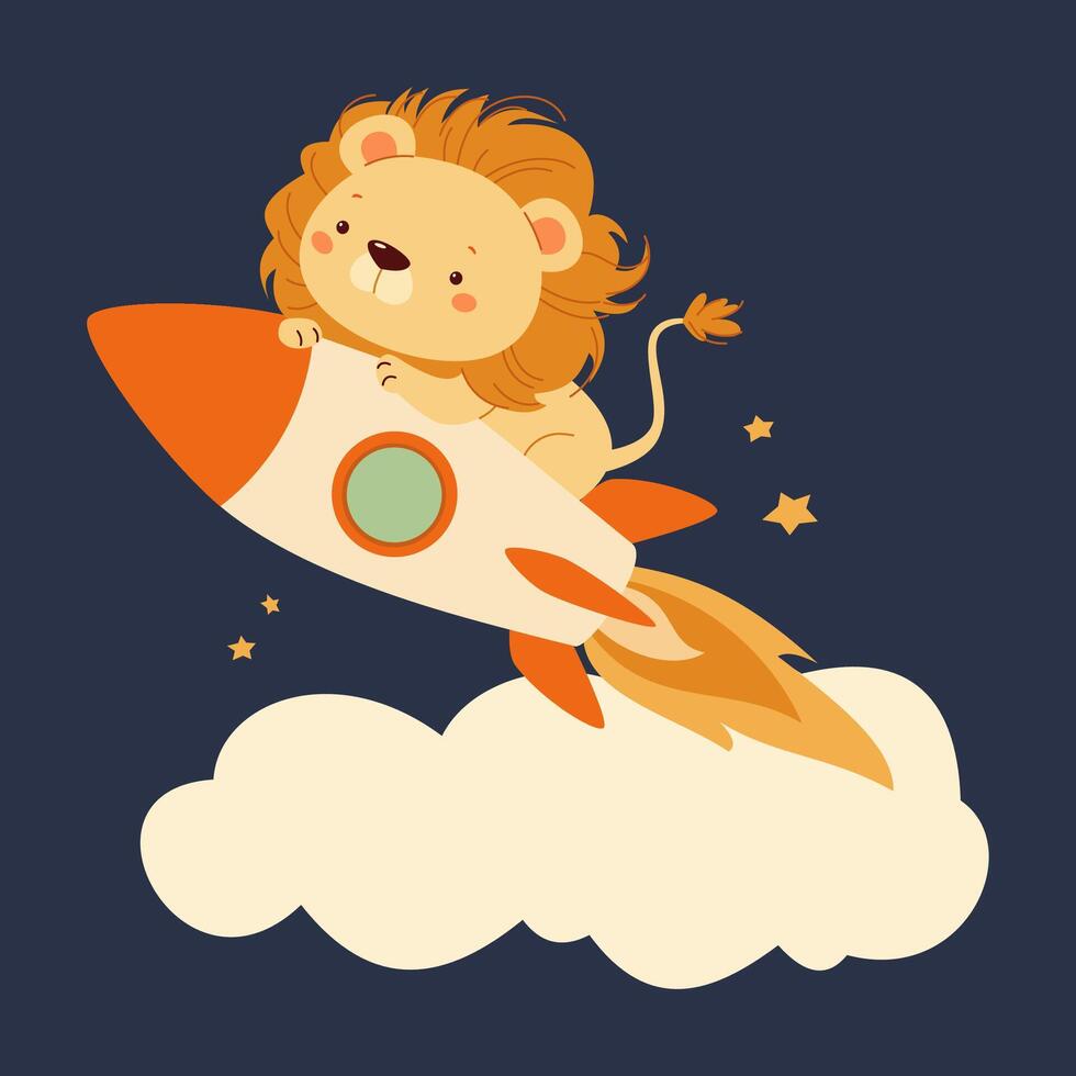 Flat illustration in a cute childish style. Cute lion cub is flying on a rocket vector