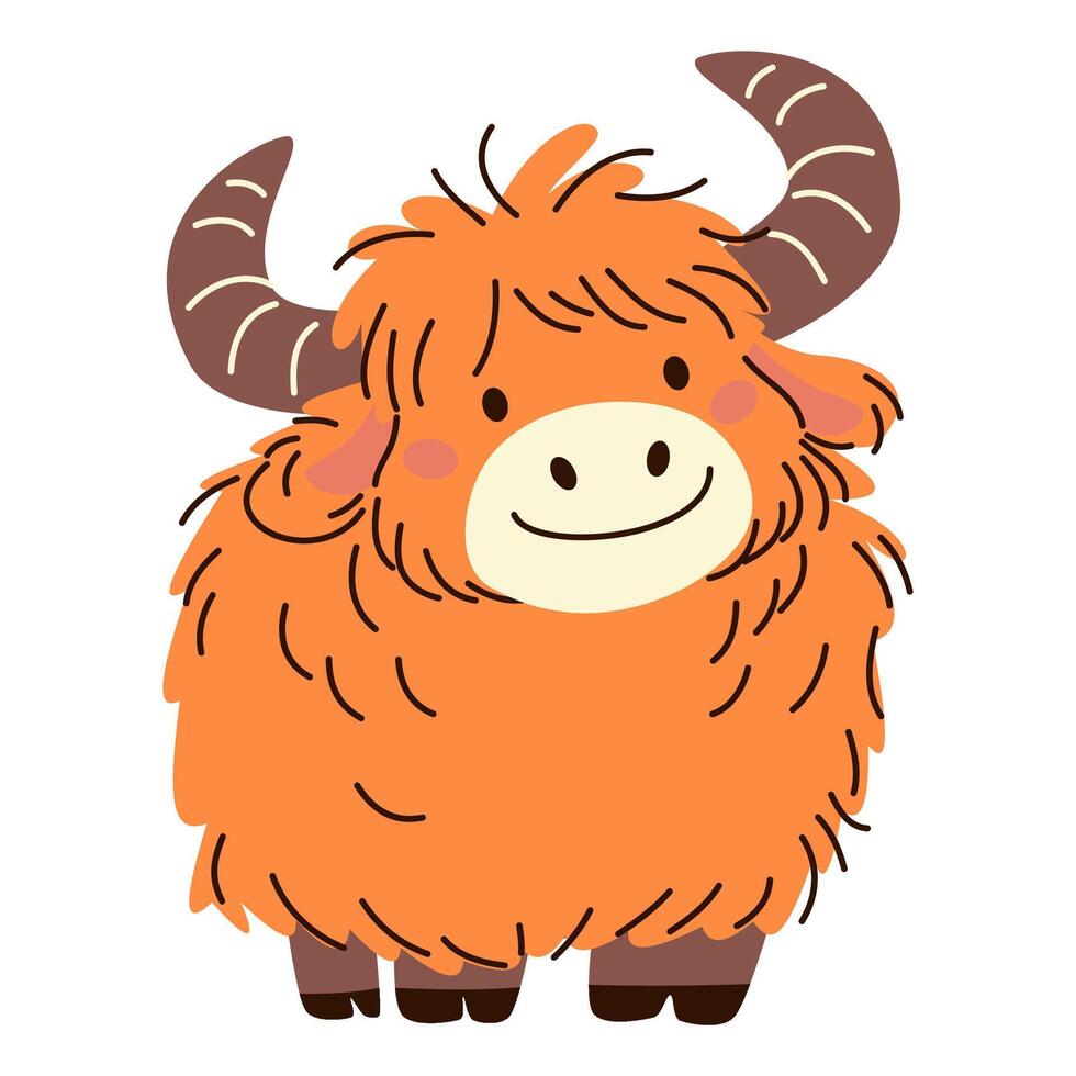 Cute yak on white background. Flat illustration in simple child style vector