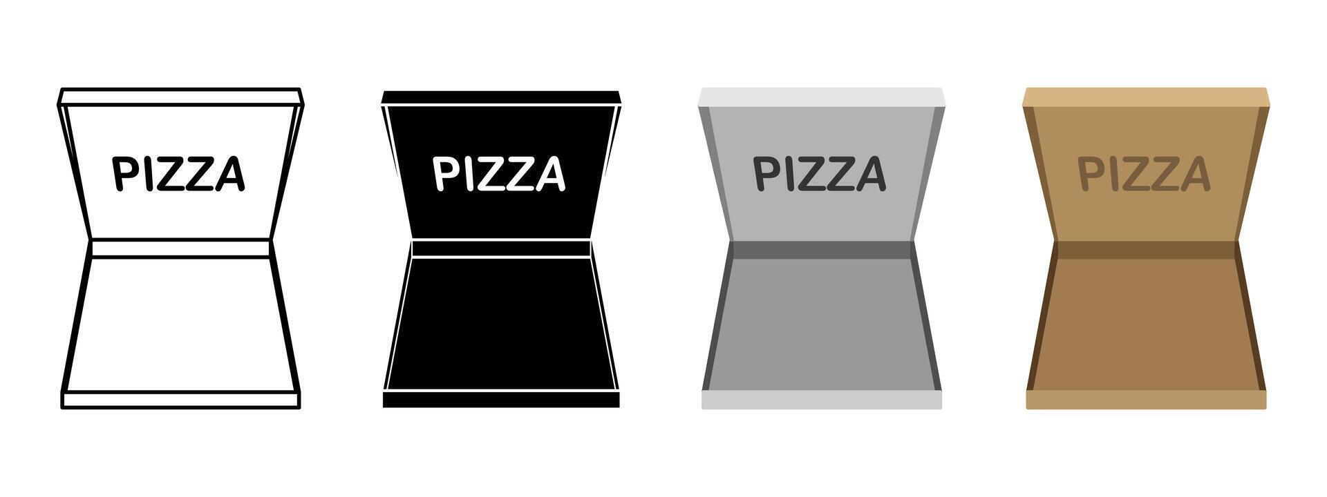 Empty pizza box icon set. Open cardboard box illustration. Pizza delivery square package container concept. Three-dimensional packaging symbol. vector