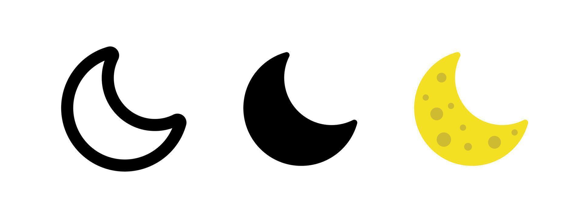 Moon icon. Crescent moon illustration. Night time symbol. Sleep pictogram. Yellow moonlight sign. Twilight concept. vector