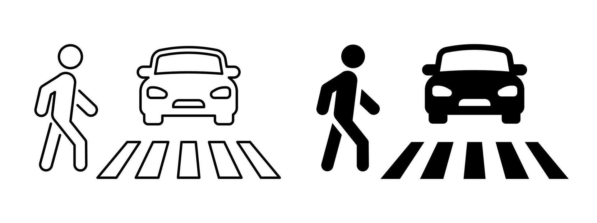 Pedestrian crosswalk with car traffic sign. Man crossing a road with standing automobile illustration. Crosswalk roadsign. Person walking cross the road symbol. Pedestrian safety icon. vector