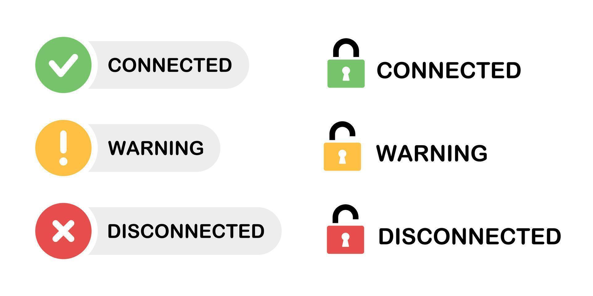Connected label. Disconnected symbol. Network connection status illustration collection. Disconnect button. Website connection warning interface element. Checkmark and lock pictogram. vector