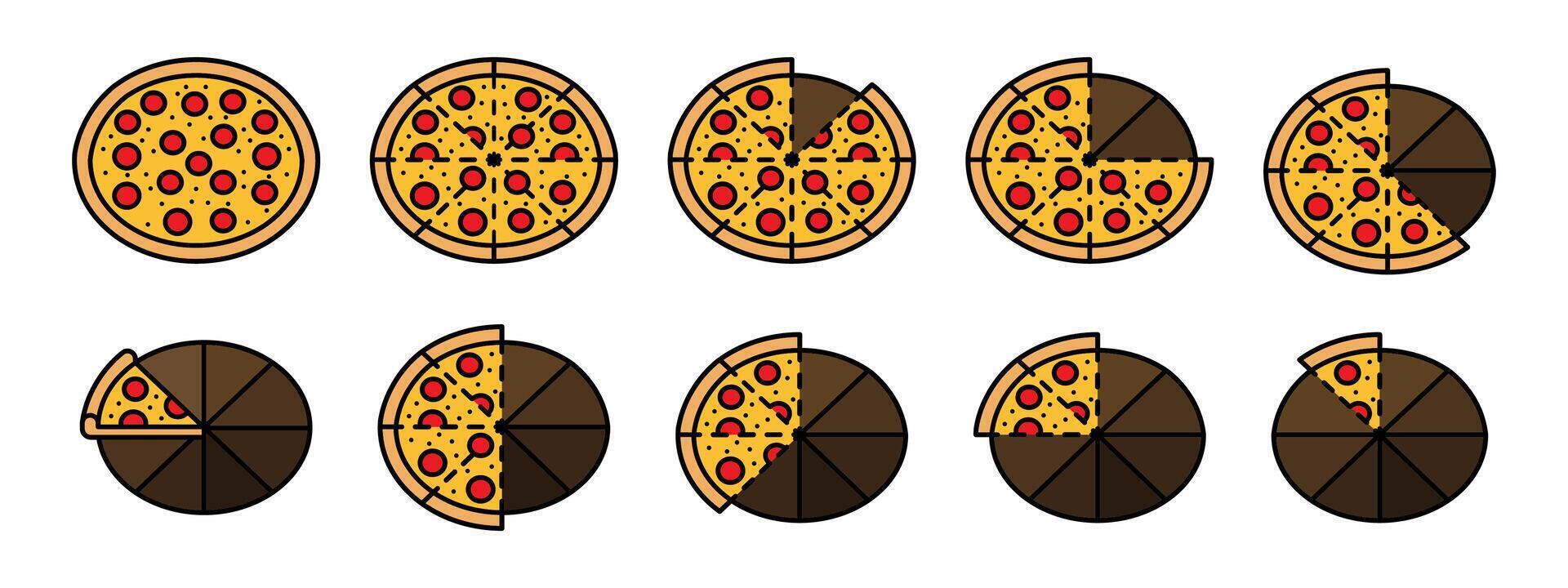 Sliced pizza colored icon set. Pepperoni part circle division illustration. Salami pizza pie portion symbol. Cartoon piece of pizza fraction pictogram collection. vector
