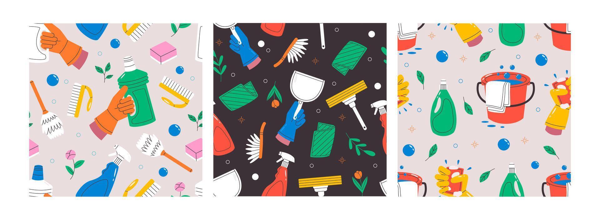 Seamless pattern set with cleaning elements. Hand drawn pattern with detergent, bucket of water, hand with cleaning supplies. illustration. vector