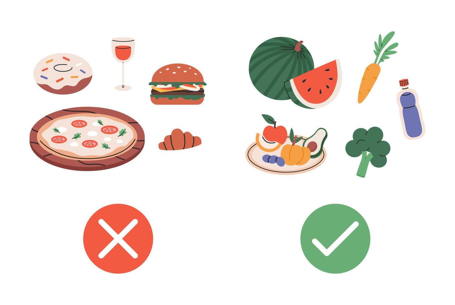 Healthy and unhealthy food. Food choice. Flat illustration isolated on white background. vector