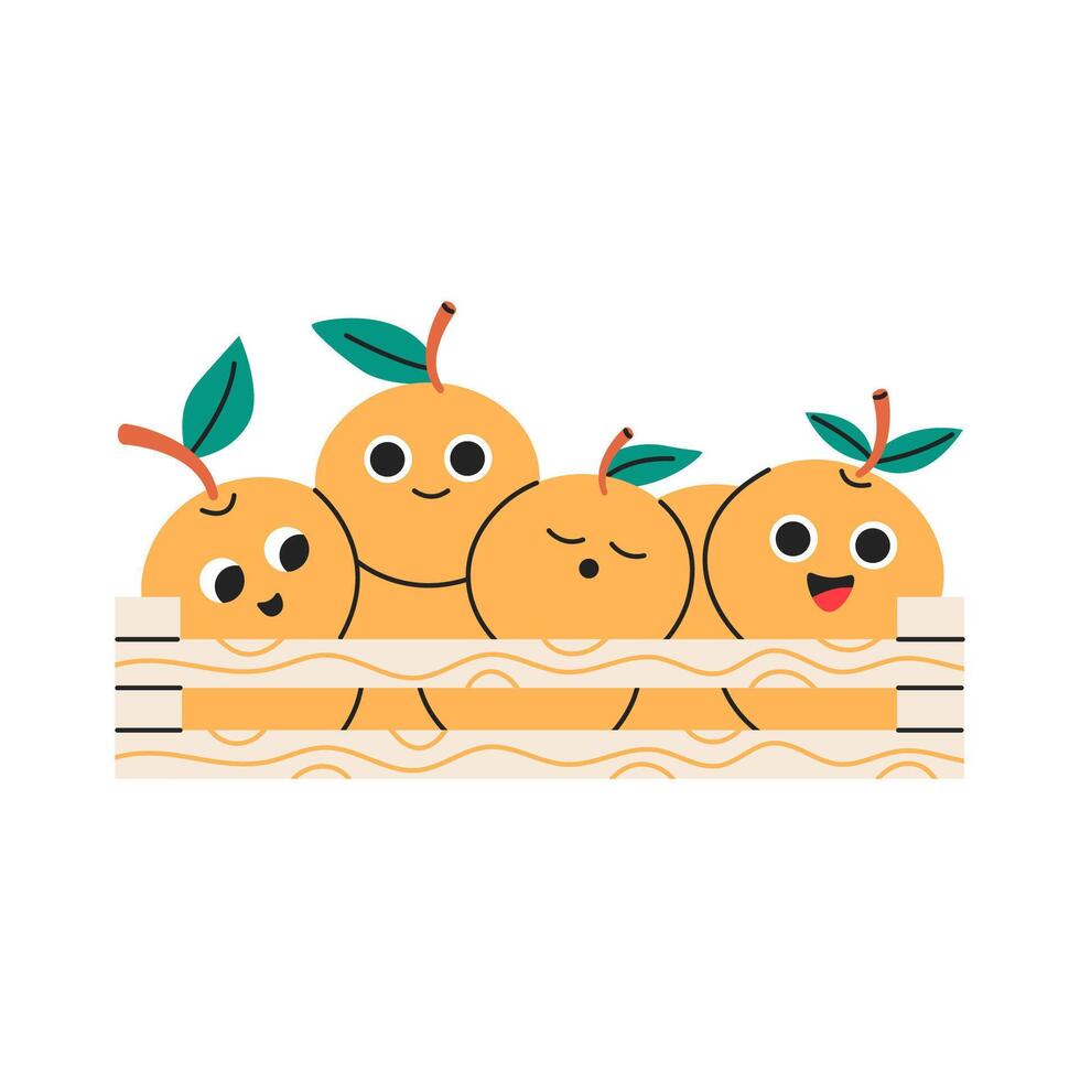 Cute tangerines in a wooden box characters. Flat illustration isolated on white background. vector
