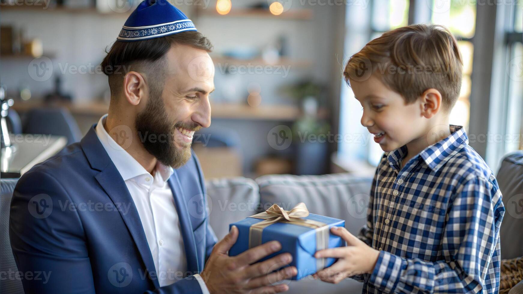 Happy father and son giving gift box to each other at home. photo
