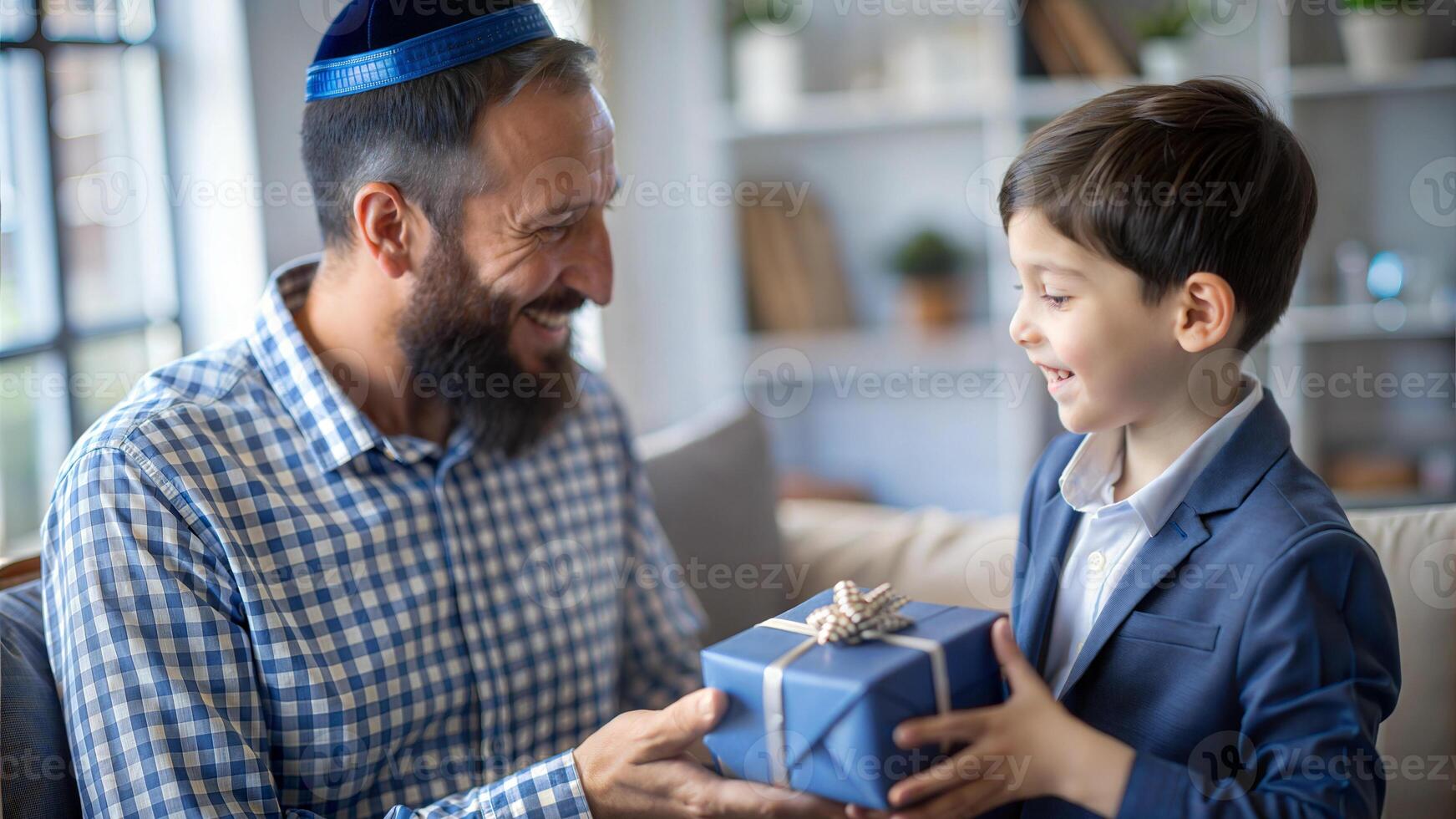 Father and son exchanging gifts at home. Fatherhood and family concept photo