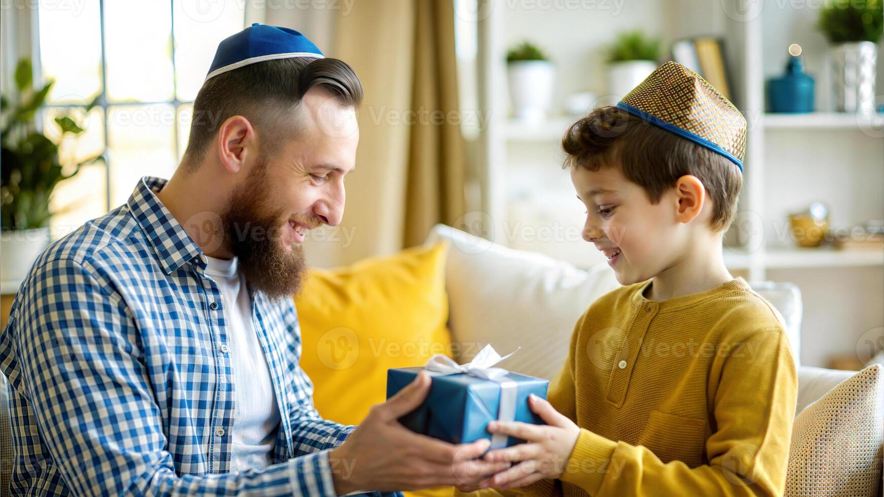 Happy father and son opening gift box together at home. Family holiday concept photo