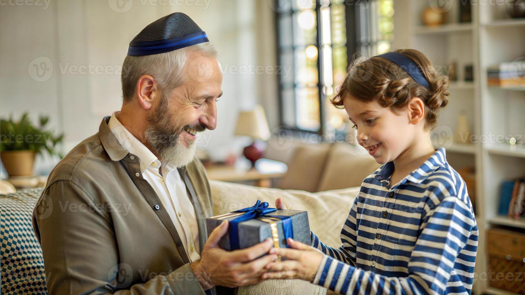 Grandfather and grandson exchanging gifts at home. Grandfather giving gift to grandson. photo