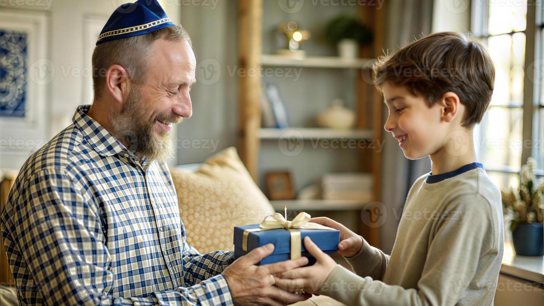 Father and son giving gift box to each other in living room at home photo