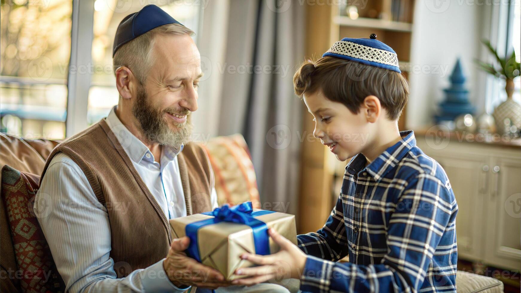 Father and son exchanging gifts at home. Happy family celebrating holiday at home. photo