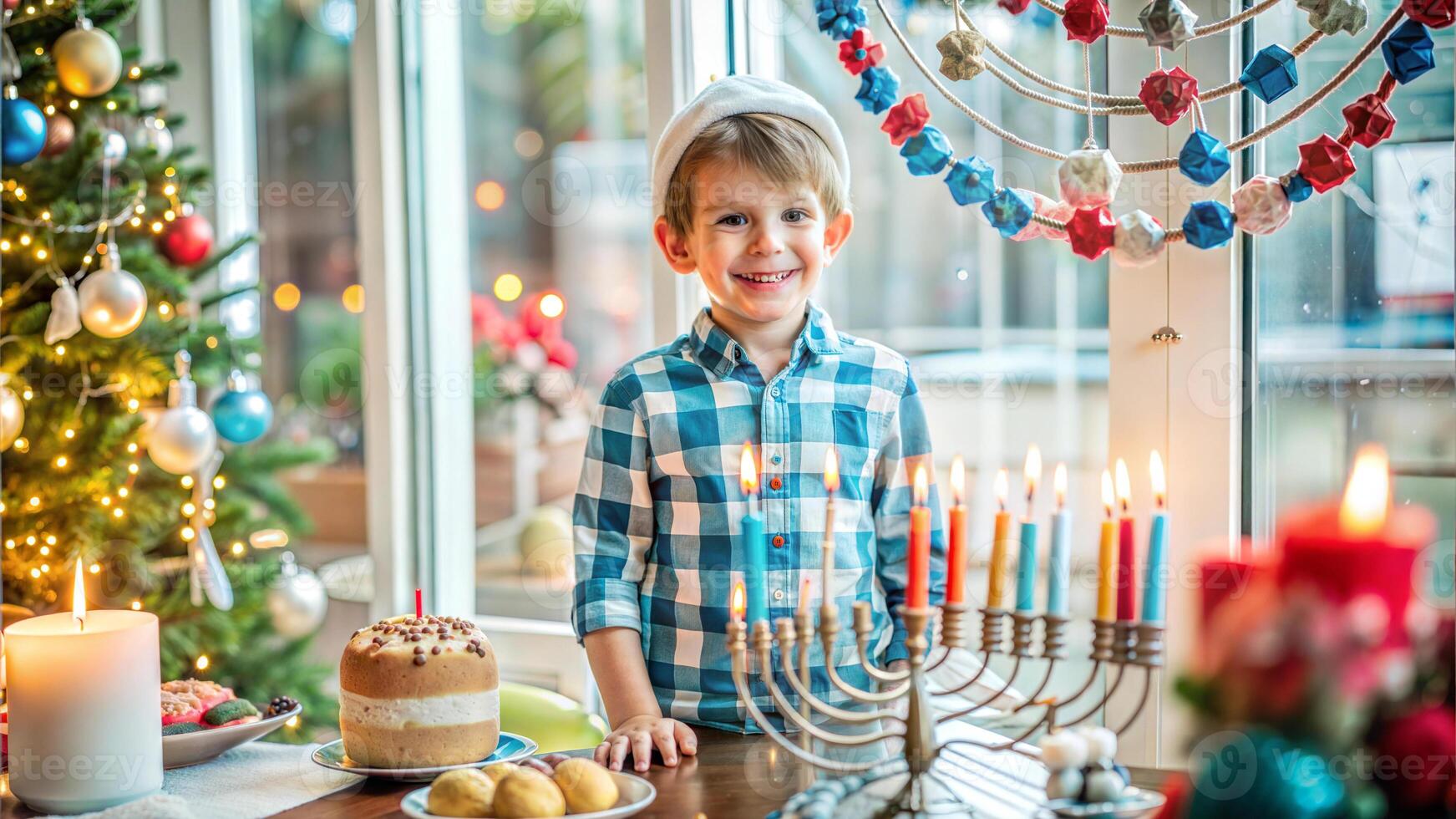 Happy boy celebrating Hanukkah with menorah, candles and donuts photo
