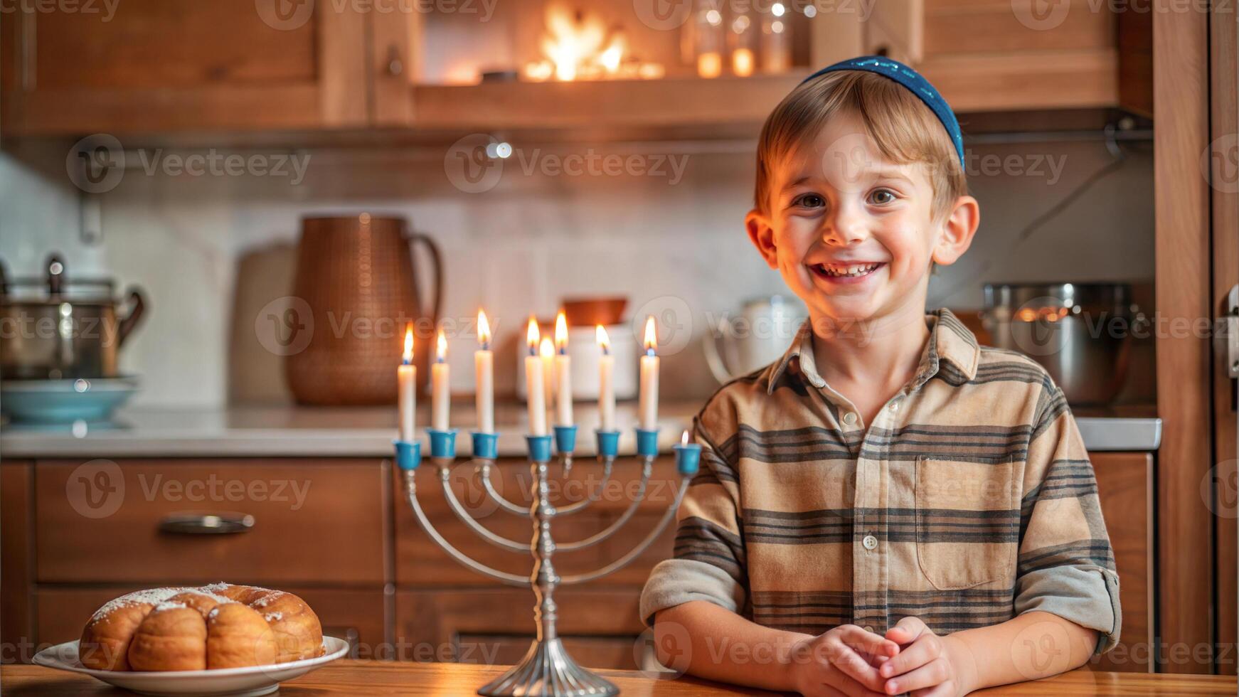 Happy boy with Hanukkah candelabra in the kitchen photo