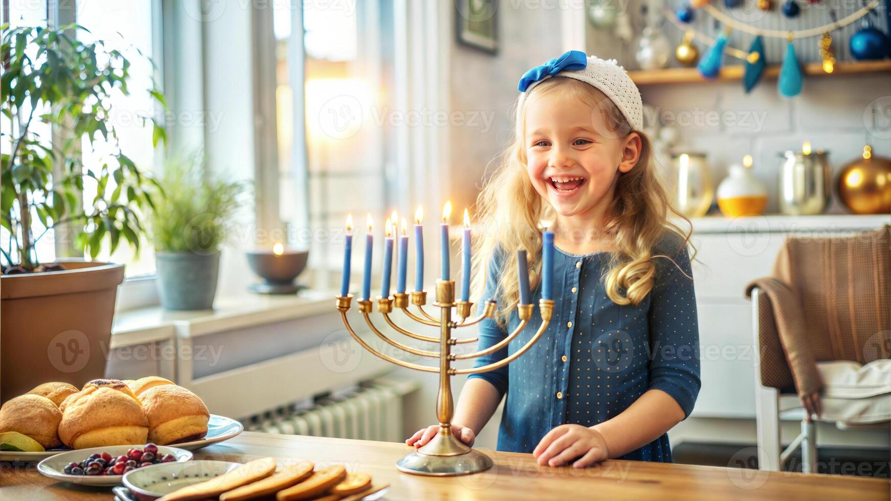 Adorable little girl celebrating Hanukkah with menorah at home photo