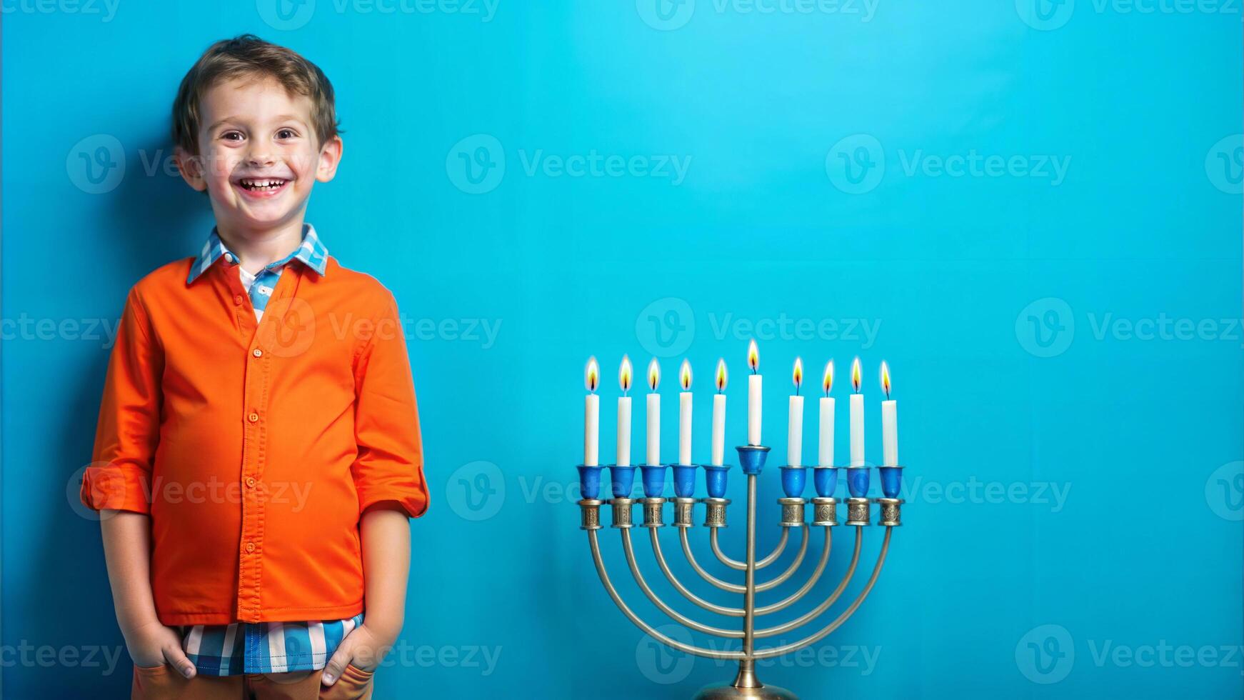 Happy boy with Hanukkah candelabra on blue background photo