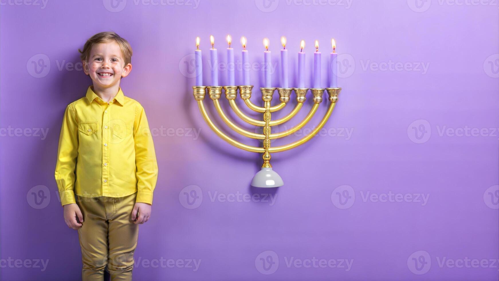 A boy in a yellow shirt and yellow pants stands with a candle in the form of a menorah on a purple background. photo