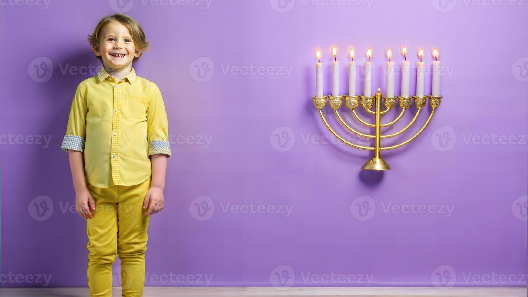 Portrait of a smiling little boy with a Hanukkah menorah photo