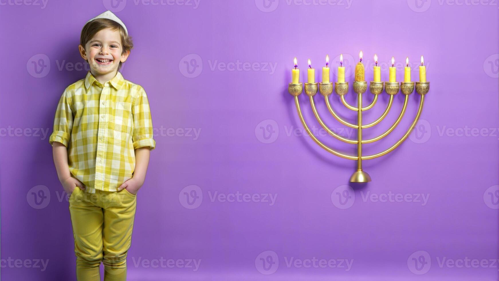 Happy boy with Hanukkah candelabra and menorah over purple background photo