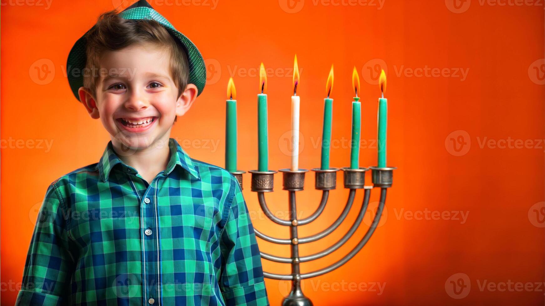 Happy boy with Hanukkah menorah and candles on colorful background photo