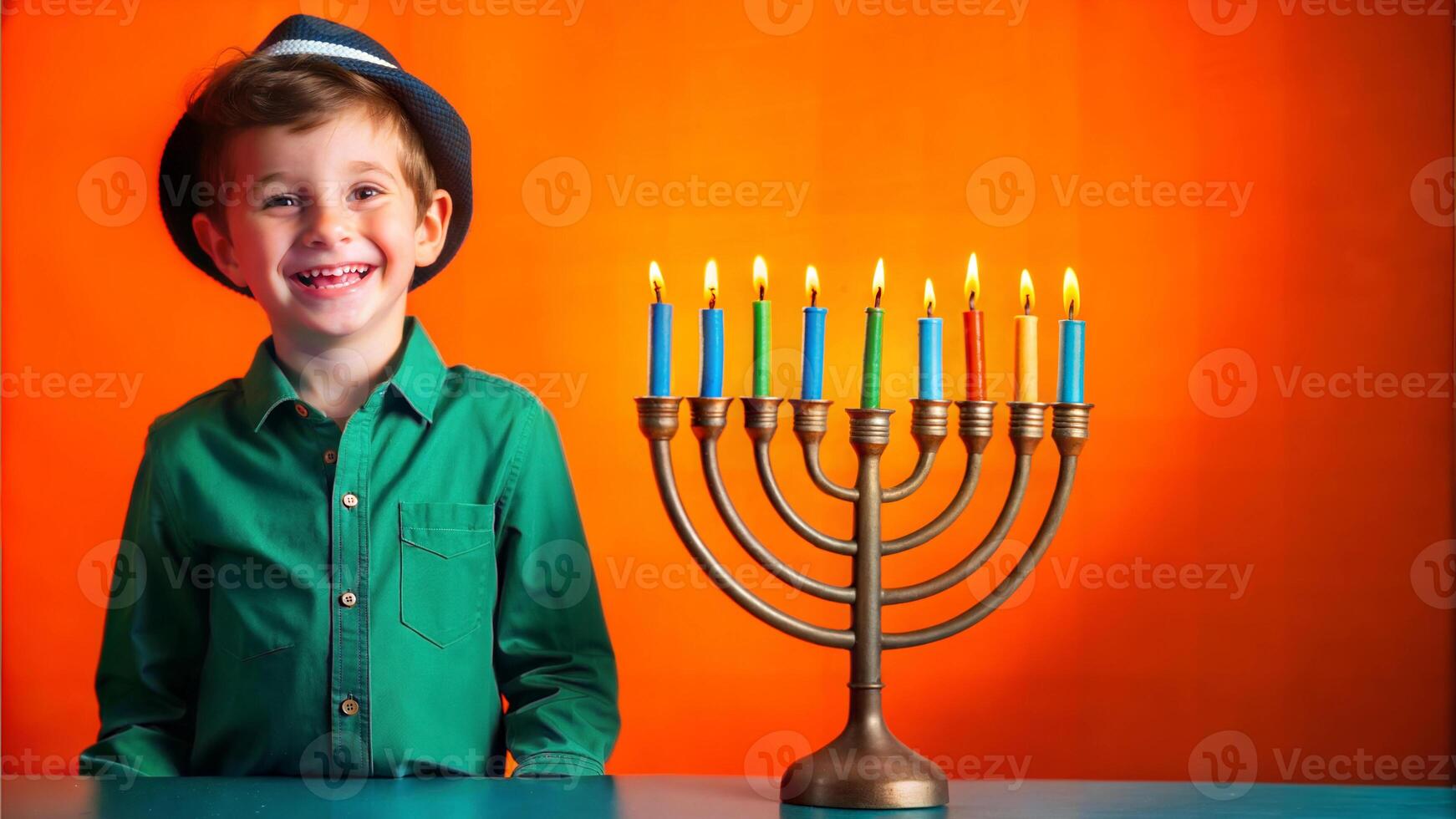 Boy with Hanukkah candelabrum on orange background photo
