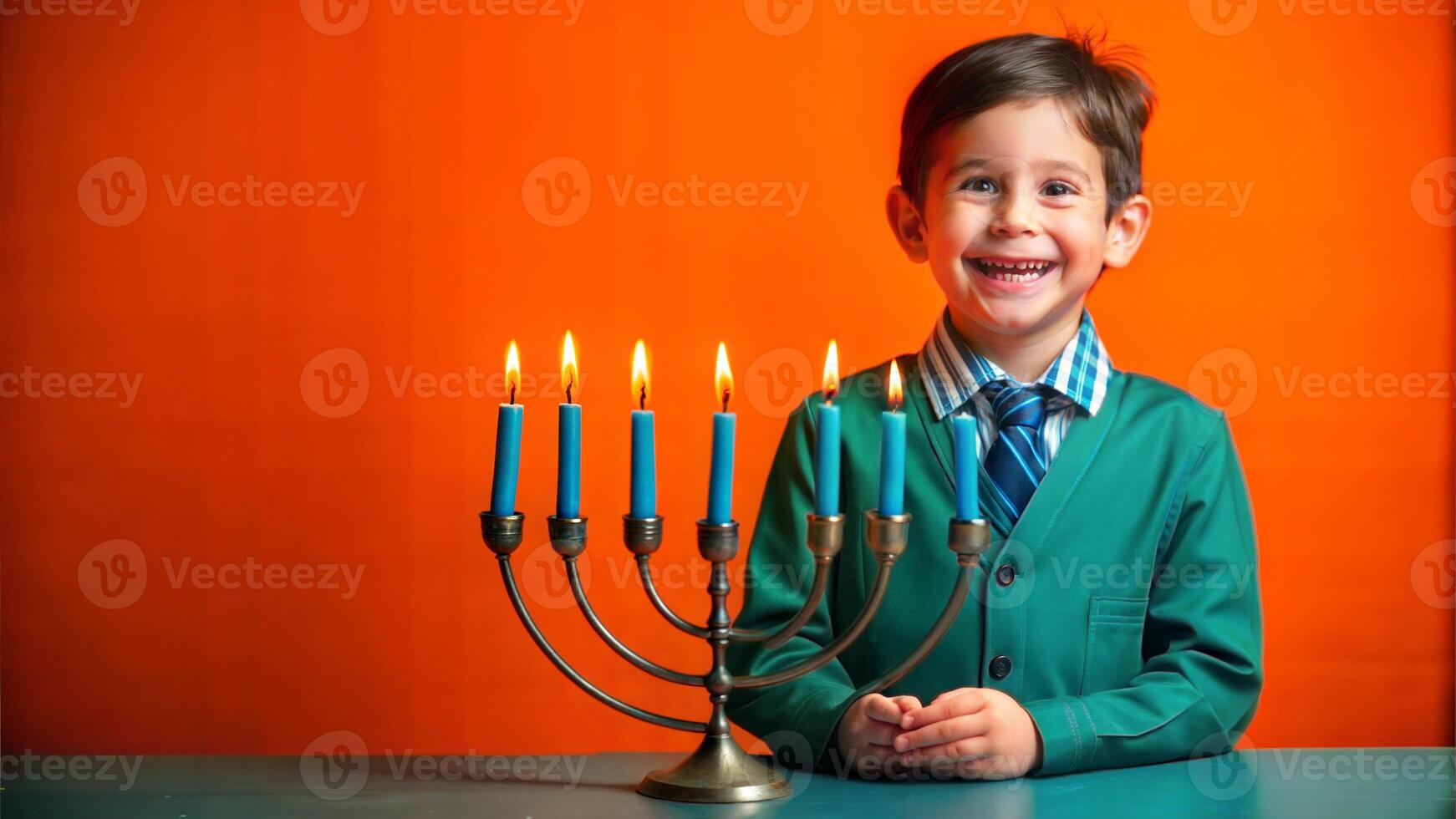 Boy in suit with Hanukkah candelabra on orange background photo